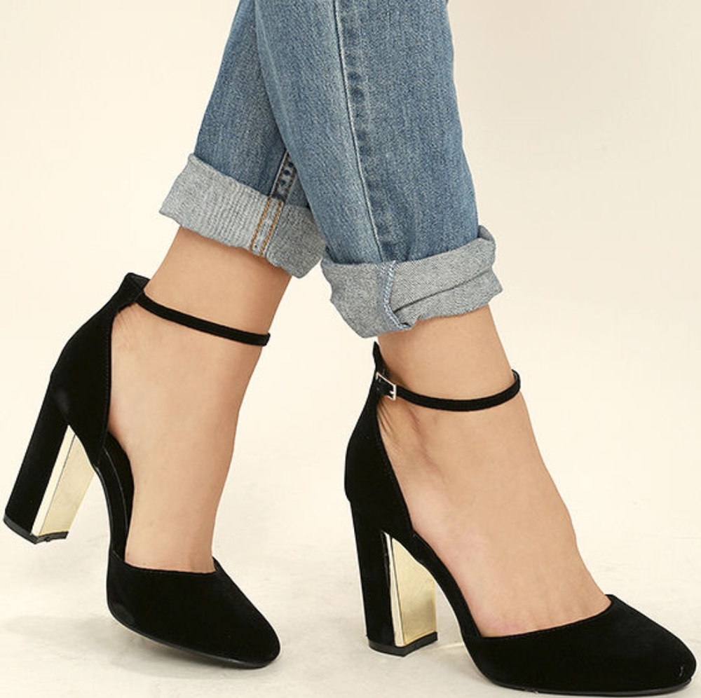 Laura Black Velvet Ankle Strap Heels